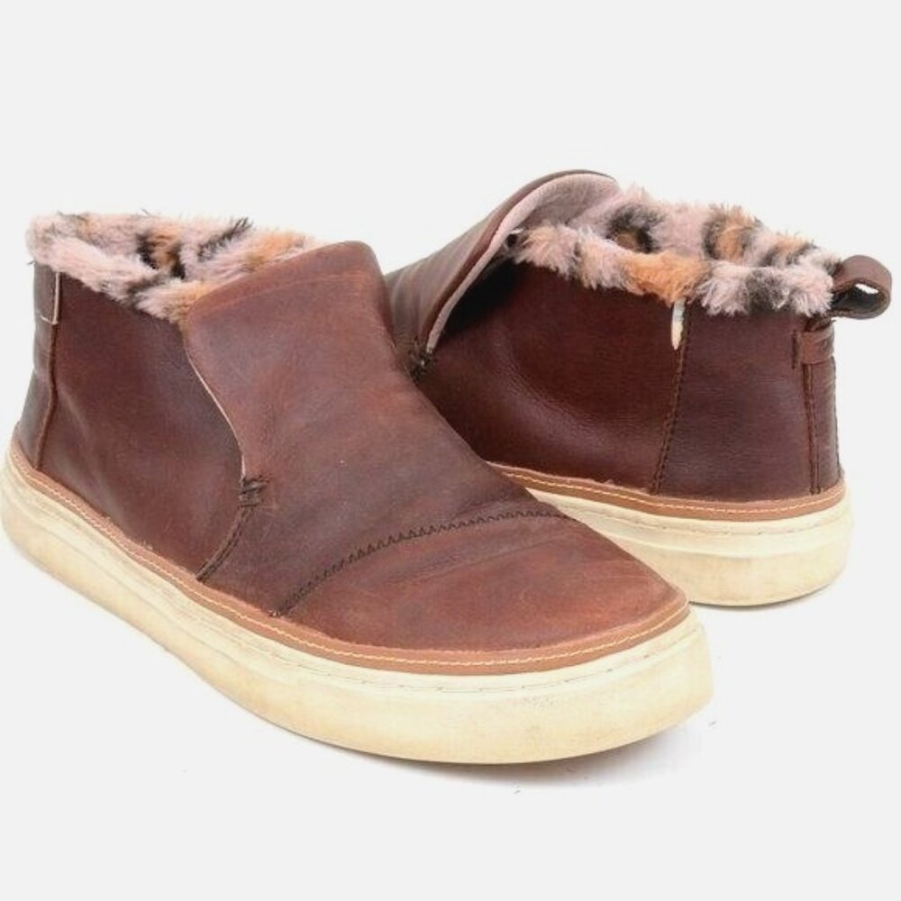 Toms Paxton Women's 9.5 Leather Leopard Water Resistant Faux Fur Flat Bootie